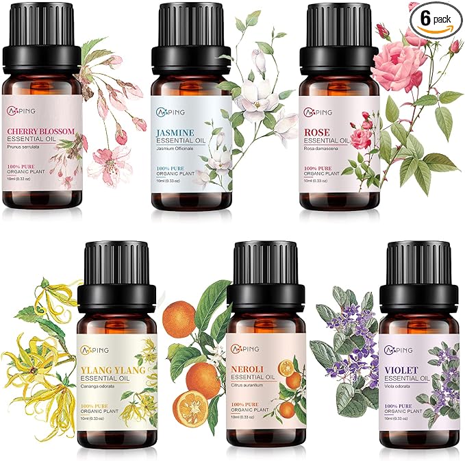 Essential Oil Set 6x10ML - 100% Pure Organic Plant Oil for Diffuser Massage Aroma Spa Yoga Perfume - Cherry Blossom, Rose, Jasmine, Violet, Neroli, Ylang Ylang