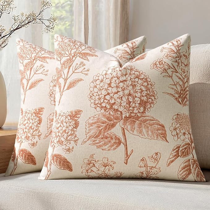Set of 2 Decorative Floral Pillow Covers 18x18 Inch Autumn Orange | Neutral Hydrangea Print, Boho Vintage Throw Cushion Covers, Cottagecore Home Decor, for Sofa Couch Porch Bedroom Living Room