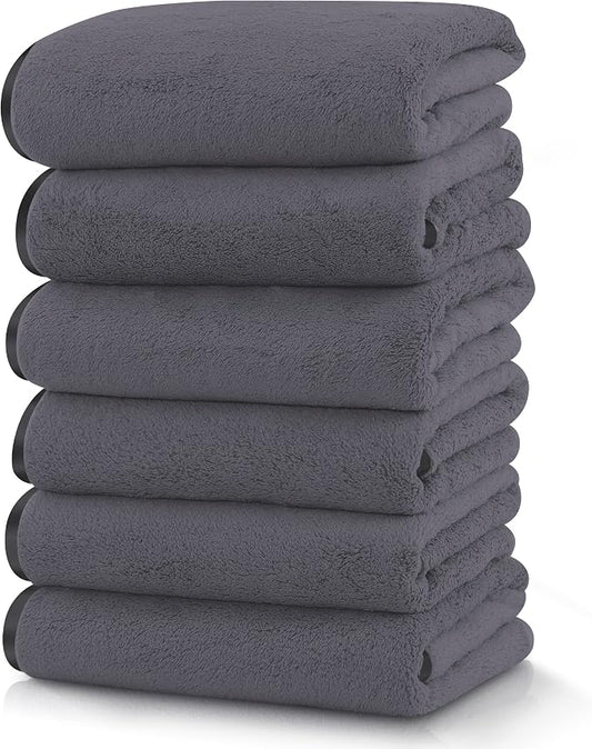 TENSTARS Silk Hemming Hand Towels for Bathroom - Quick Drying - Ultra Soft Microfiber Absorbent Towel for Bath Fitness, Gym, Shower, Hotel, and Spa - 16x28 Inch | Set of 6, Dark Grey