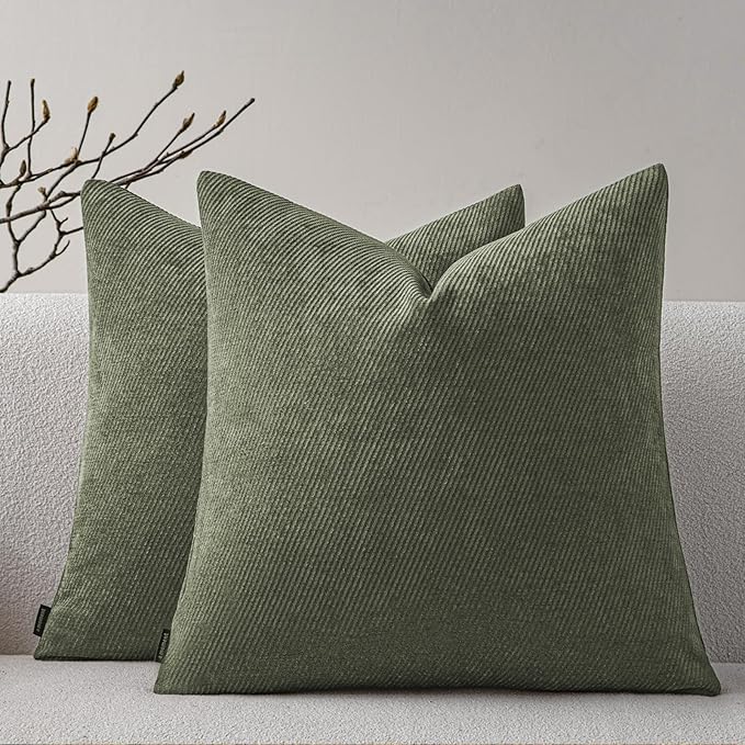 a moment Pack of 2 Decorative Chenille Throw Pillow Covers with Twill Cushion Covers for Sofa Living Room Couch Bed 24x24 Inch Olive Green