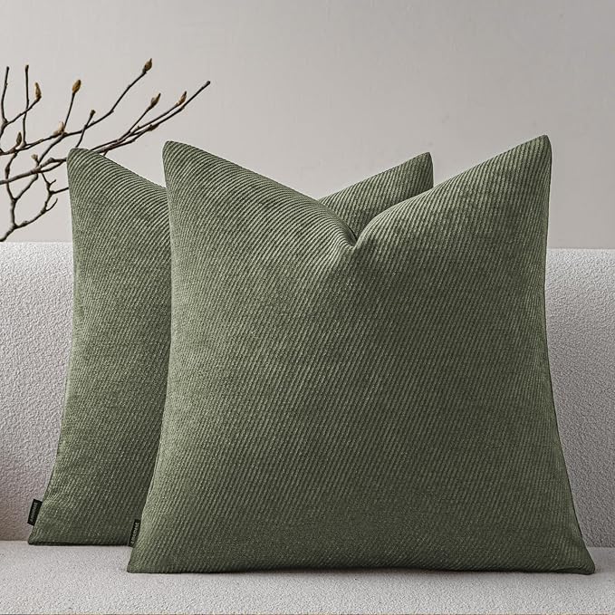a moment Pack of 2 Decorative Chenille Throw Pillow Covers with Twill Cushion Covers for Sofa Living Room Couch Bed 26x26 Inch, Olive Green