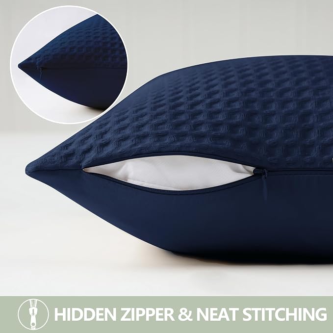 100% Egyptian Cotton 600 TC Waffle Weave Throw Pillow Covers 2 Pack | Ultra Soft Breathable Euro Pillow Shams Covers, Decorative Cushion Covers for Bed Couch Sofa Car, Navy Blue, 18" x 18"