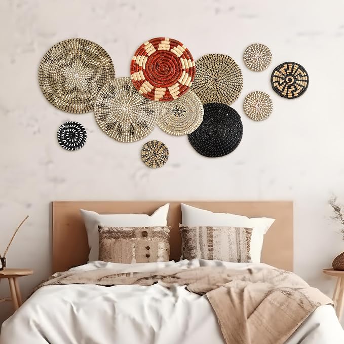 Tatuo 11 Pcs Boho Wall Basket Decor Bulrush Woven Wall Hanging Art Round Farmhouse Rustic Handmade Wicker for Summer Home, Bedroom, Living Room, Kitchen Decorations, Multi Sizes(Dark)