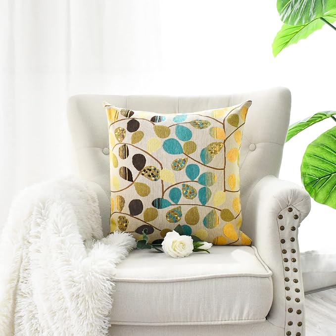 CaliTime Throw Pillow Covers Luxury Chenille Cute Leaves Decorative Cushion Case Shell for Couch Sofa Home 20 X 20 Inches Multi Color