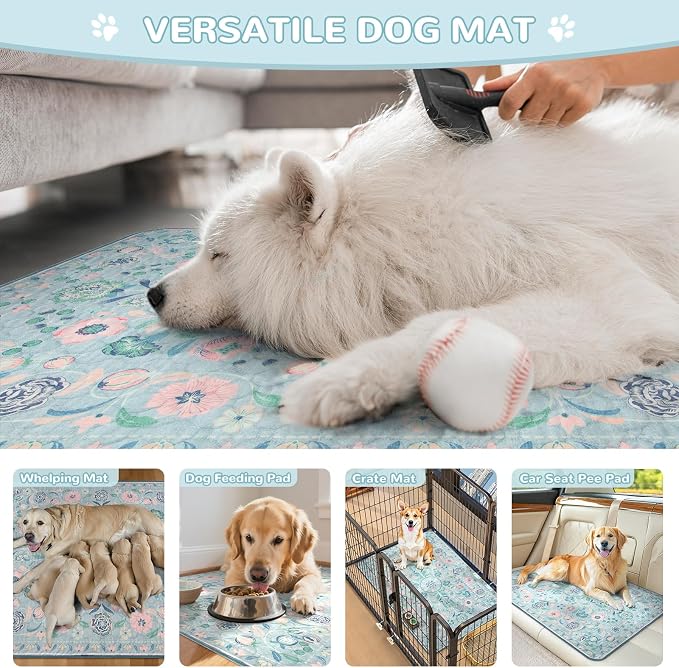 Lahome Botanical Washable Reusable Pee Pads for Dogs, 2 Pack, Blue, 36x48 | Super absorbent, waterproof training mats with leakproof non-slip backing; suitable for potty training, crates and floors.
