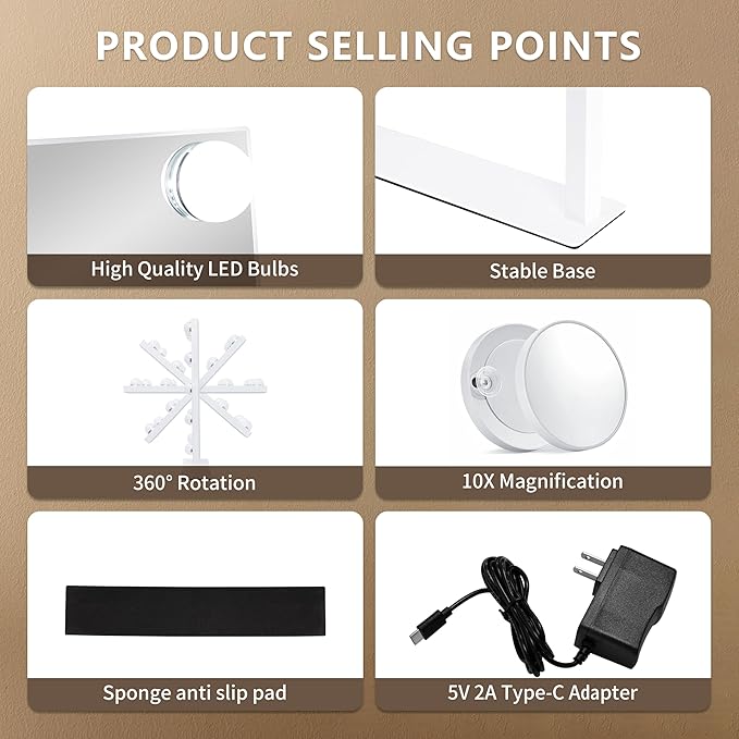 NUSVAN Vanity Makeup Mirror with Lights,3 Color Lighting Modes Detachable 10X Magnification Mirror Touch Control,360°Rotation, White (14.6Inch)