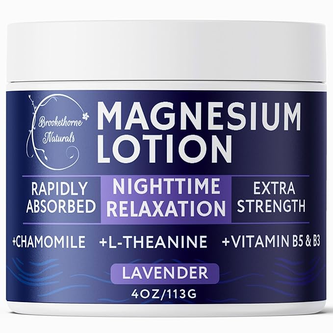 Nighttime Magnesium Lotion for Sleep | Lavender Magnesium Cream with L-Theanine & Chamomile | Topical Cream for Relaxation Adults & Kids | Non-Greasy, Vegan, Made in USA | 4oz by Brookethorne Naturals