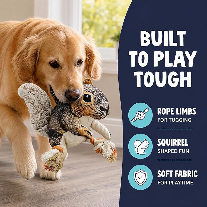 Tough Squeaky Dog Toys for Aggressive chewers Interactive to Keep Them Busy, Durable Funny Cute Tug of war Rope Birthday Dogs Toy for Small Medium Large (Squirrel)