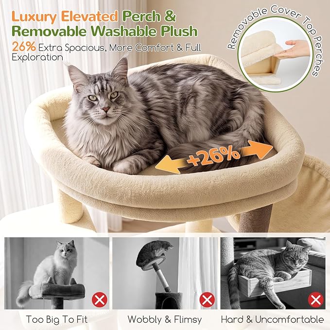 Globlazer Tall Cat Tower for Indoor Adult Cats, 72-inch, S72G, Beige | Heavy Duty Cat Tree House for Big Cats with 2 Extra-Large Padded Platform, 7 Sisal Scratching Posts, 3 Large Condos