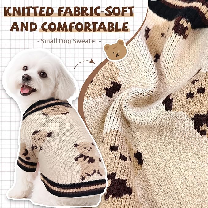 Small Dog Sweaters Cute Bear Knitted Dog Cardigans Clothes for Small Medium Dogs Soft Pet Puppy Cat Knitting Outfits Fall Winter Warm Boy Girl Dogs Knitwear Coat Apparel(Beige, Large)