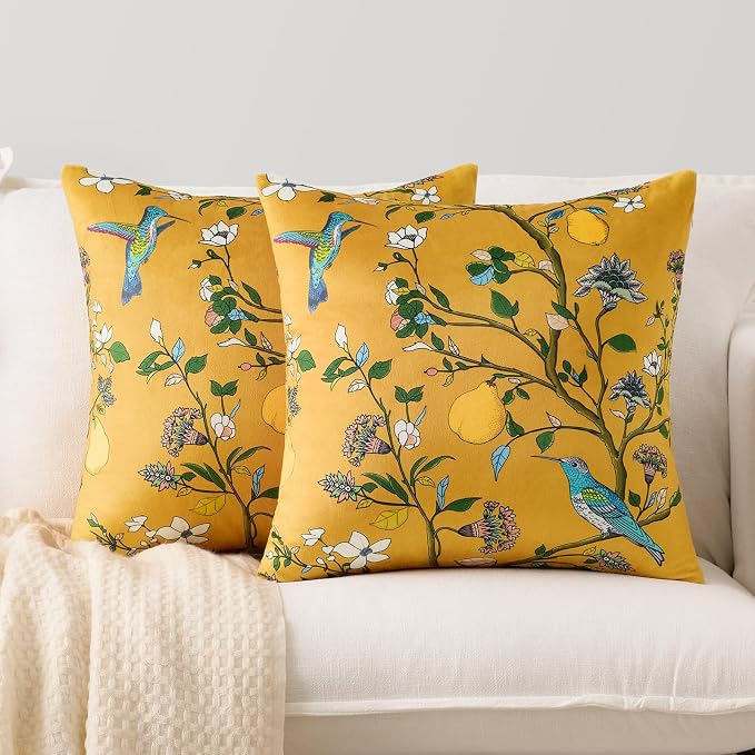 MUSSEL Yellow Velvet Floral Decorative 20x20 Pillow Covers Set of 2 | Soft Durable and Sturdy,Bird Plant,Throw Pillows Case,Square,Colorful Farmhouse Cushion Covers,Home Sofa Bed Couch Decor