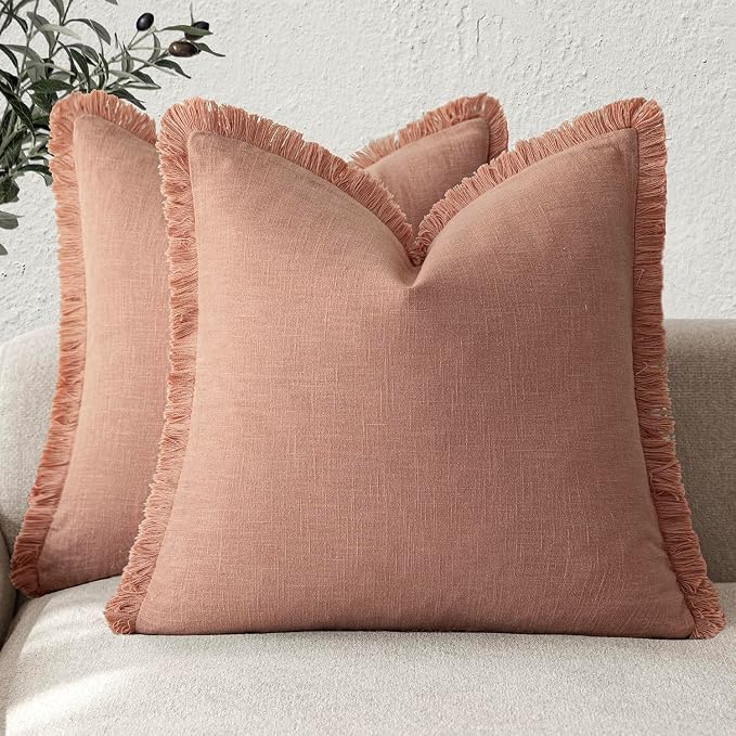 Foindtower Set of 2 Decorative Linen Fringe Throw Pillow Covers Cozy Boho Farmhouse Cushion Cover with Tassels Soft Accent Pillowcase for Couch Sofa Bed Living Room Home Decor,20×20 Inch,Coral Pink