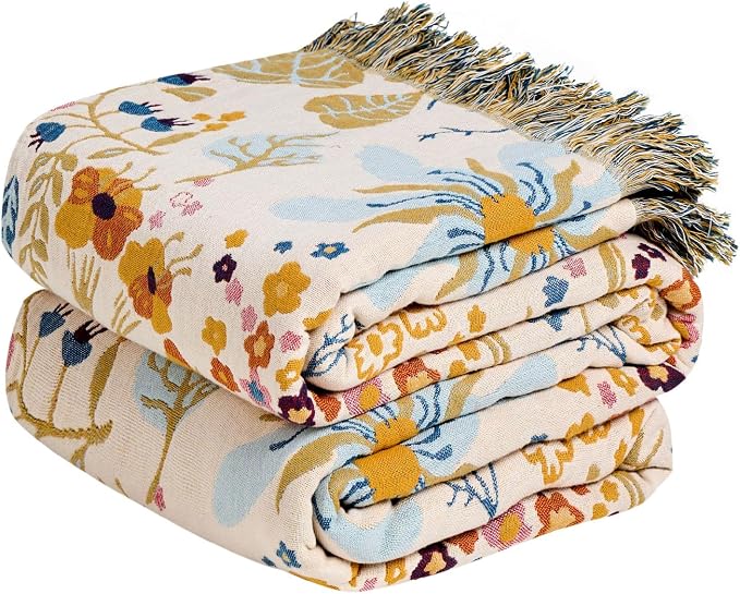 MSGKV Boho Throw Blanket 60"x80" Twin 100% Cotton Floral Blanket for Bed | Twin Size Cotton Throw, Muslin Blanket, Summer Breathable, Farmhouse Decor, Lightweight Comfort, All Season, Machine Washable