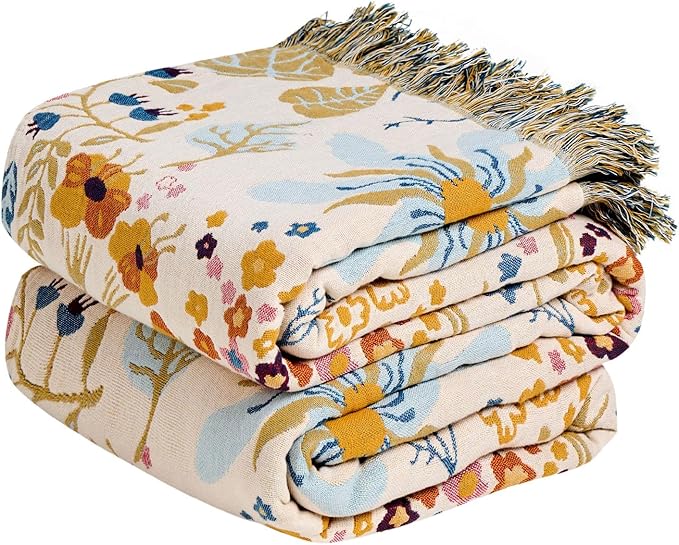 MSGKV Boho Throw Blanket 50"x60" 100% Cotton Floral Blanket Couch Decor | Muslin Blanket, Floral Pattern, Chair Throw, Summer Breathable, Lightweight, Farmhouse Decor, Home Decor, Machine Washable