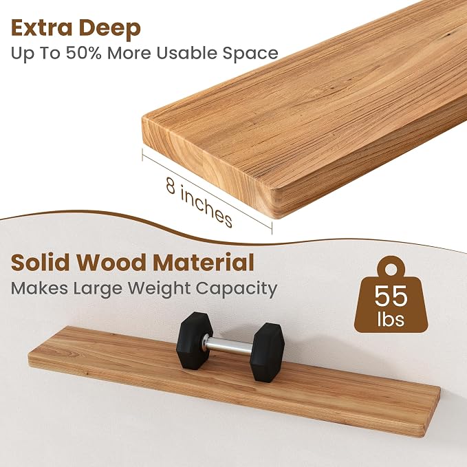 Floating Shelves for Wall, 40"Wx8"D Rustic Solid Elm Wood Floating Shelves Wall Mounted, Round Edge Wall Shelves with Invisible Bracket for Living Room Bathroom Bedroom Kitchen, Set of 2, Natural