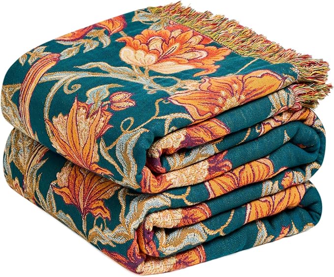 MSGKV Boho Throw Blanket 60"x80" 100% Cotton Floral Bird Blanket Couch Bed | 100% Cotton Throw, Floral Bird Design, Muslin Blanket, Summer Breathable, Farmhouse Home Decor, All Seasons, Machine Washable