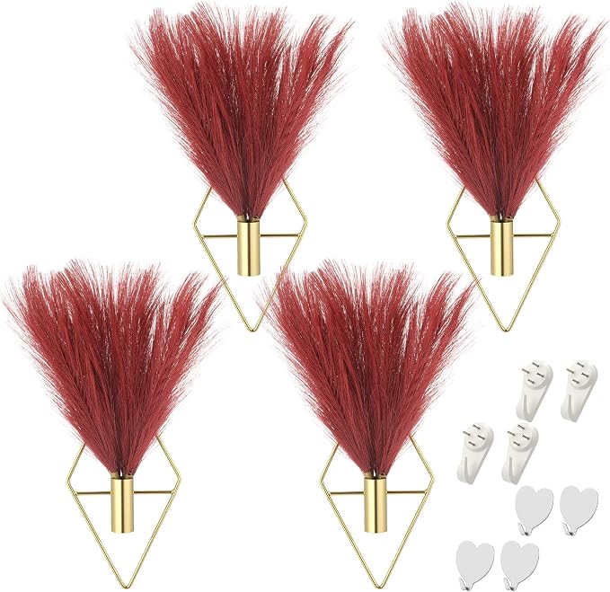 Hanaive 4 Sets Boho Wall Decor Metal Wall Art Hanging Planters with Artificial Pampas Display Modern Home Vase for Bedroom Home Office (Brilliant,Burgundy)
