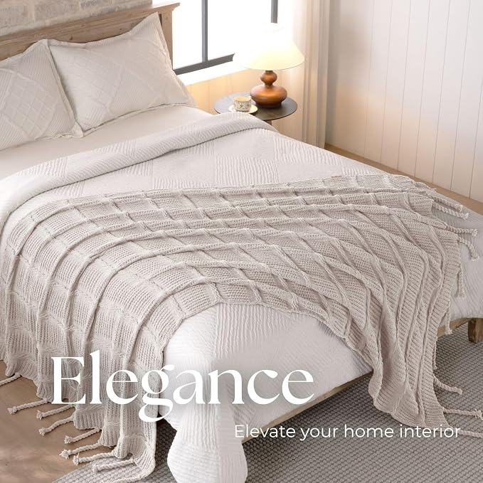 Boho Knitted Chenille Blanket with Tassels - Lightweight & Soft All-Season Throw - 3D Classic Pattern for Living Room Bedroom Couch, Ivory White, Twin 60"x80"
