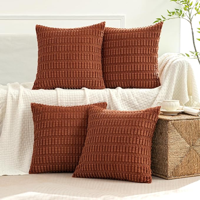 MIULEE Pack of 4 Fall Dark Rust Corduroy Decorative Throw Pillow Covers 18x18 Inch Soft Boho Striped Pillow Covers Modern Farmhouse Home Decor for Sofa Living Room Couch Bed | Neutral Rustic Farmhouse Boho Soft Striped Pillow Covers,Home Decor for Sofa...