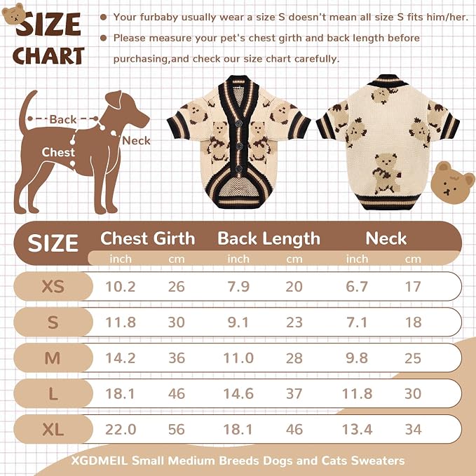 Small Dog Sweaters Cute Bear Knitted Dog Cardigans Clothes for Small Medium Dogs Soft Pet Puppy Cat Knitting Outfits Fall Winter Warm Boy Girl Dogs Knitwear Coat Apparel(Beige, X-Large)