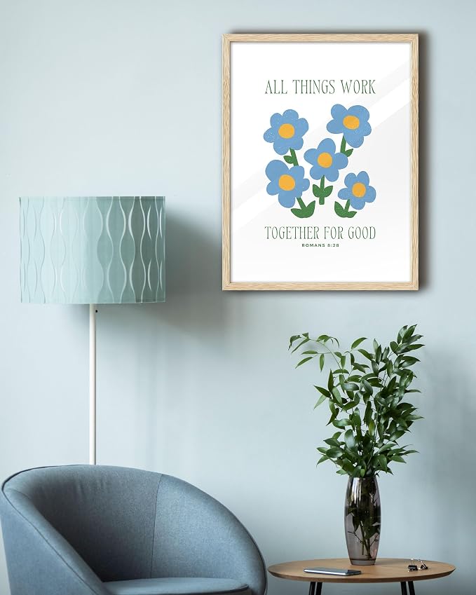 EcoHest 12x16 in Romans 8:28 All Things Work Blue Floral Christian Wall Art | Natural Oak Wood Frame with Canvas Wall Art, Scripture Bible Verse Decor for Bedroom, Living Room, Office, Church, 1Pack