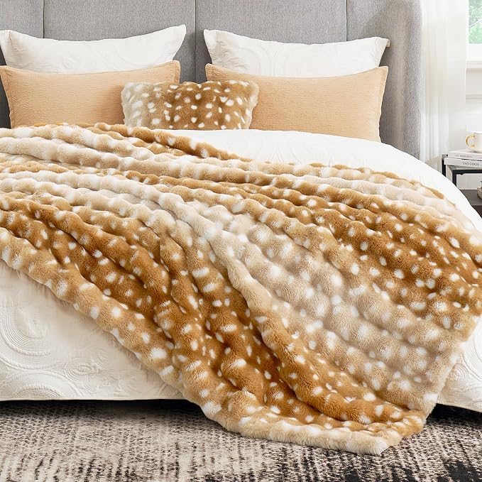 Cozy Bliss Deer Print Faux Fur Throw for Couch, Fuzzy Soft Plush Thick Bubble Blanket for Sofa Bedroom Living Room, 60x80 Inches