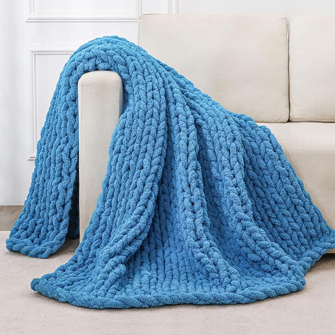 Bigacogo Chunky Knit Throw Blanket for Couch, 40x60 inches, Bright Blue | Hand Knit with Jumbo Chenille, Soft Breathable Cable Knit for Sofa Bed Living Room, Machine Washable, Gift for Mom Friend