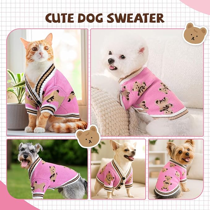 Small Dog Sweaters Cute Bear Knitted Dog Cardigans Clothes for Small Medium Dogs Soft Pet Puppy Cat Knitting Outfits Fall Winter Warm Boy Girl Dogs Knitwear Coat Apparel(Pink, X-Small)