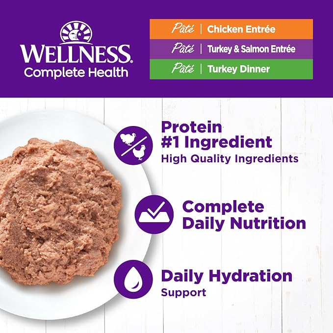 Wellness Complete Health Pate Variety Pack Adult Canned Wet Cat Food, Natural, Protein Rich, Grain Free, Chicken and Turkey Favorites, 3 oz, Pack of 24 Cans