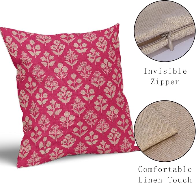 Hot Pink Floral Block Print Pillow Covers 16x16 Inch Set of 2, Vintage Flower Pattern Decorative Throw Pillowcases Outdoor Farmhouse Cushion Covers Spring Summer Rustic Sofa Couch Bed Decor