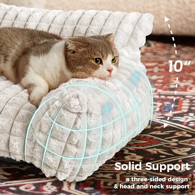 Cat Couch Bed with Fluffy Faux Rabbit Fur for Indoor Cats, 36 Inch | Cute Fuzzy Cat Sofa Recliner With Washable Cover, Suppportive Cozy Pets Couch in 3D Diamond Pattern, Off White