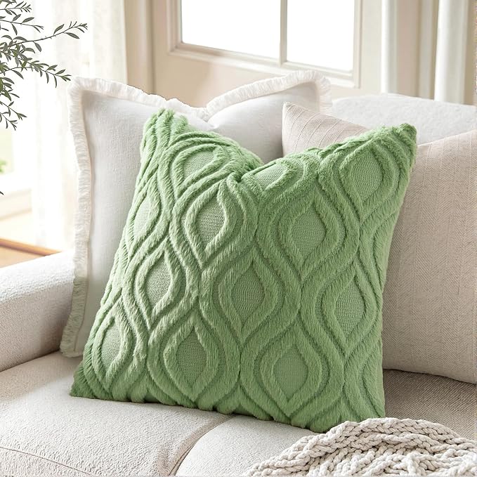 MIULEE Sage Green Soft Plush Faux Wool Euro Throw Pillow Covers 22x22 | Set of 2, Farmhouse Boho Home Decor, Decorative Cushion Covers for Sofa, Living Room, Bed