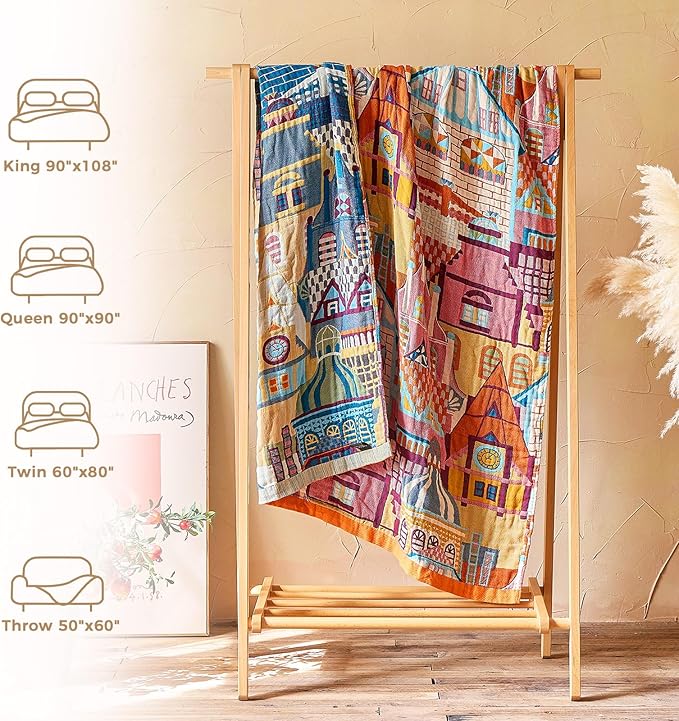 LUTBM Boho Throw Blanket for Couch 50"x60", Cotton Decorative Bed Throws | Reversible Classical Architecture Jacquard, All-Season Lightweight Soft Blankets, For Chair Sofa Bedroom Living Room Decor