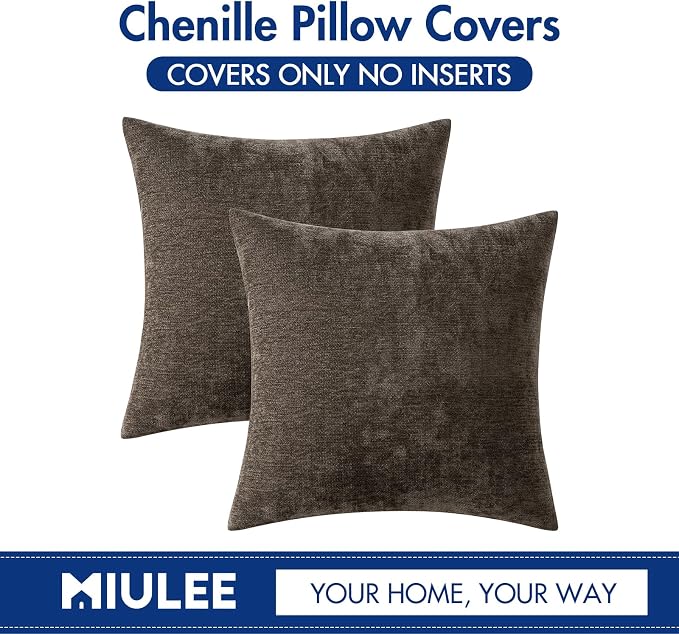 MIULEE Pack of 2 Brown Decorative Pillow Covers 20x20 Inch | Soft Chenille Couch Throw Pillows Farmhouse Cushion Covers for Home Decor Sofa Bedroom Living Room