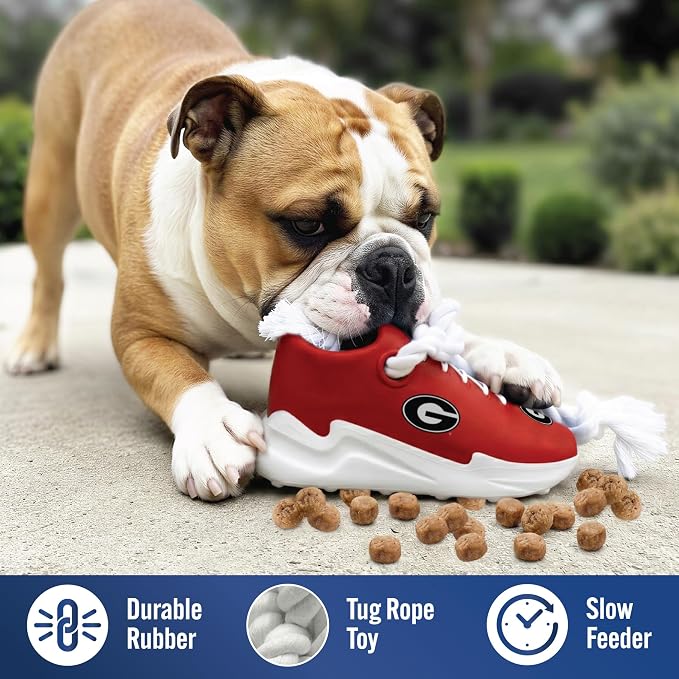NCAA Georgia Bulldogs Cleat Sneaker Spike Dog Toy, Treat Dispenser Chew Toy for Dogs, Interactive Rope Tug Toy, Slow Feeder Natural Rubber Dog Toy with Official Team Logo for Puppies & Adult Dogs