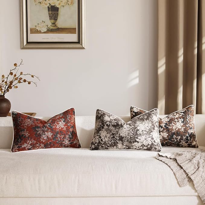 Pack of 2 Vintage Floral Pillow Covers 12x20 Boho Farmhouse Accents Chenille Rectangular Lumbar Decorative Throw Pillow Cases for Living Room Couch Bed Home Decor, Dark Brown