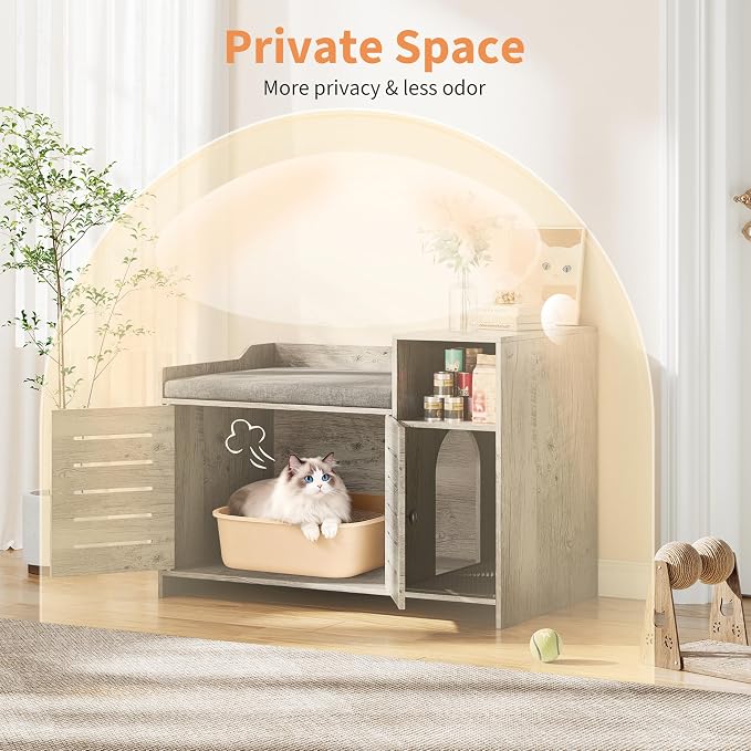 Cat Litter Box Enclosure Furniture, Large Hidden Litter Box Cabinet with Double Door, End Table Cat House with Storage Shelf, Modern Pet Furniture for Living Room, Grey