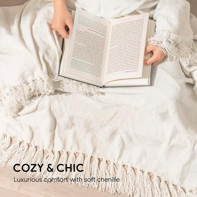 RECYCO Chenille Throw Blanket for Couch, 50"x60", Ivory White | Super Soft Knit Throw Blanket with Fringe Tassels, Lightweight Knitted Throw, Cozy, Ideal for Sofa Chair Bed Living Room Gift