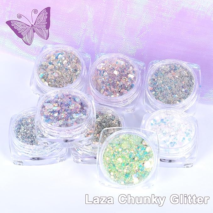 Laza 8 Colors Nail Art Glitter Diamond Dust Iridescent Nail Powder Chunky Glitter Confetti Foil Flakes Sequins for Nail Art Supplies, Gel Polish, Mermaid Makeup, Body, Resin — Glittering Iridescence