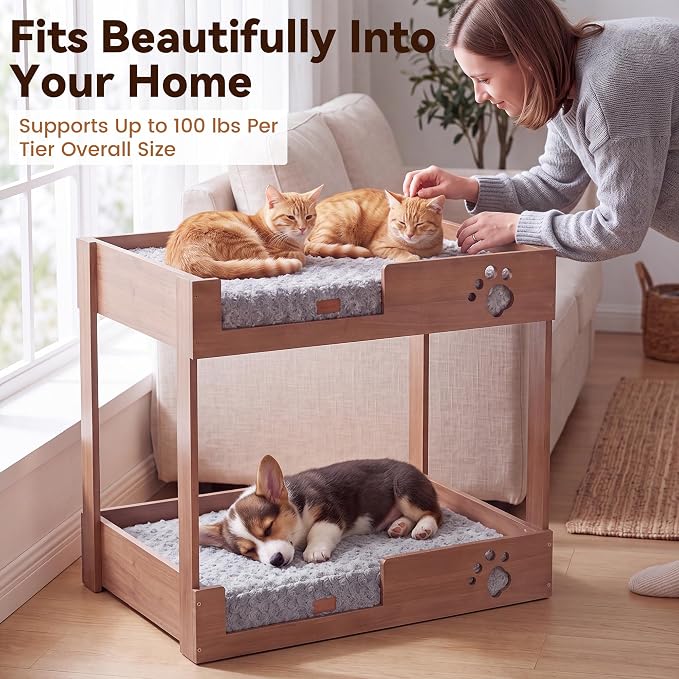 Wooden Bunk Dog Bed with 2 Memory Foam Beds | Modern Pet Furniture, Waterproof Liners, Washable Covers, 31.1 x 20.9 x 29.9 in, Bedside Window Perch, For Medium Dogs & Cats