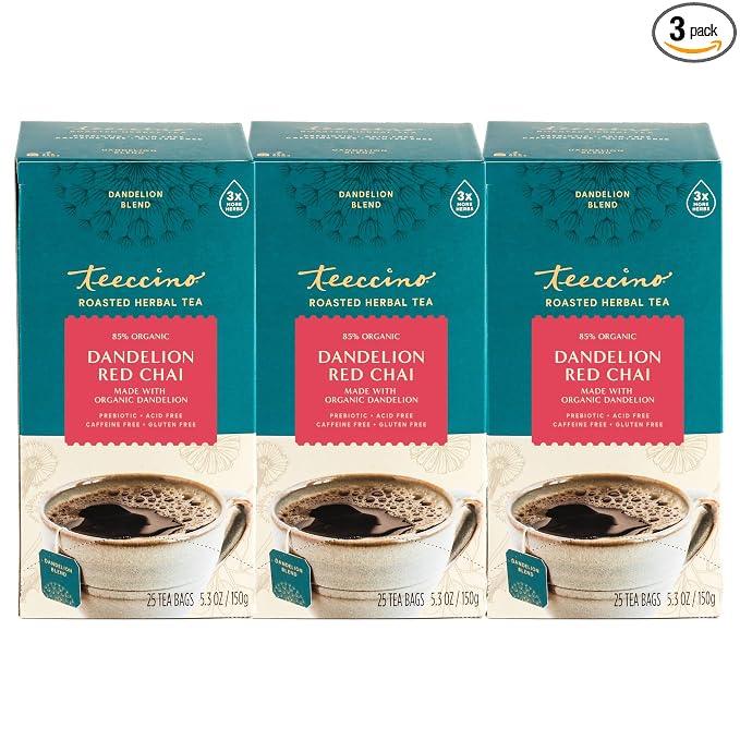 Teeccino Dandelion Red Chai Tea - 25 Tea Bags - Caffeine-Free, Roasted Herbal Tea with Prebiotics, 3x More Herbs than Regular Tea Bags, Gluten Free, (Pack of 3)