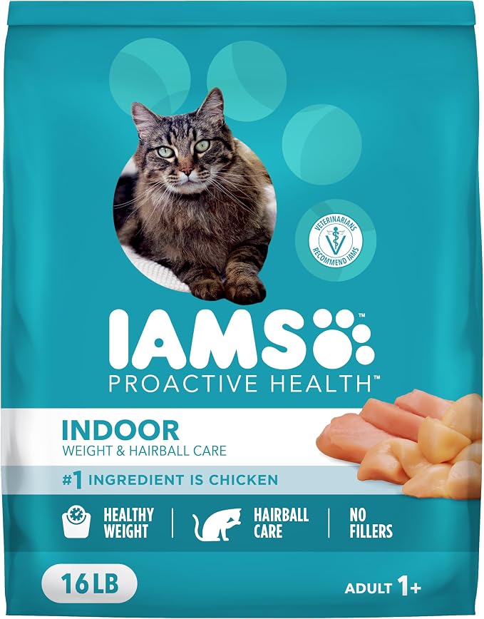IAMS Proactive Health Indoor Dry Cat Food, Chicken & Turkey, 16 lb | Vet-recommended, Real Chicken #1 Ingredient, Proprietary Fiber Blend, Prebiotics for Healthy Digestion, Hairball Control