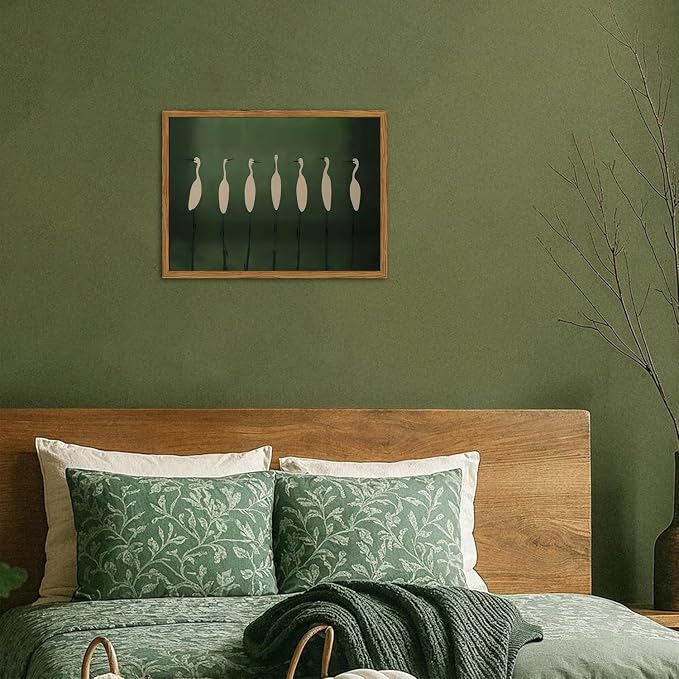 Framed Japanese Cranes Wall Art, Vintage Bird Pictures Wall Decor Paintings, Rustic Nature Animal Canvas Prints Minimalist Green Home Decor for Living Room Bedroom Office 16x24 inch