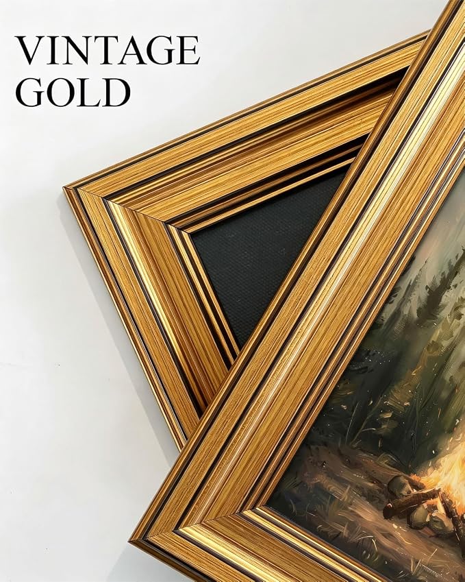 Gold Framed Wall Art, Rustic Campfire Canvas Prints, Vintage Forest Camping Cabin Picture Wall Decor, Dark Academia Woodland Nature Landscape Artwork for Living Room Bedroom 12x16 inch