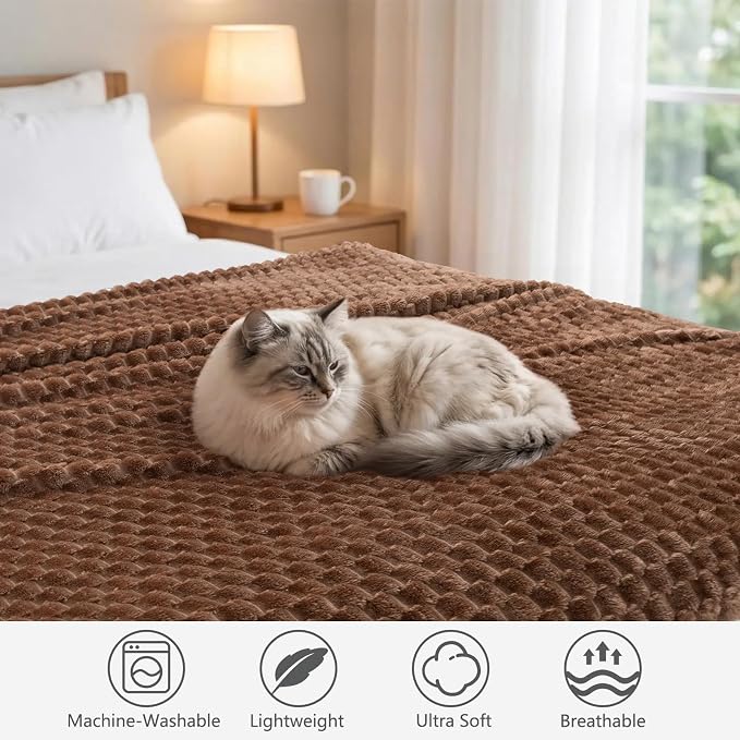 Vessia Flannel Fleece Throw Blanket(50x70 inch), 3D Jacquard Mocha Fuzzy and Warm Blanket for Couch,Sofa,Bed, 300GSM Super Soft Touch Cozy Lightweight Throw for All-Season Home Decor