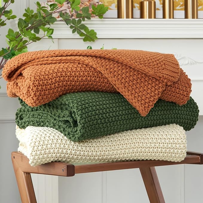 Chunky Cable Knit Throw Blanket Lightweight Olive Green 100% Organic Cotton Blanket for Sofa Couch Bed Baby Nursery, Rustic Shabby Chic Modern Farmhouse, 51” x 63” Give Laundering Bag
