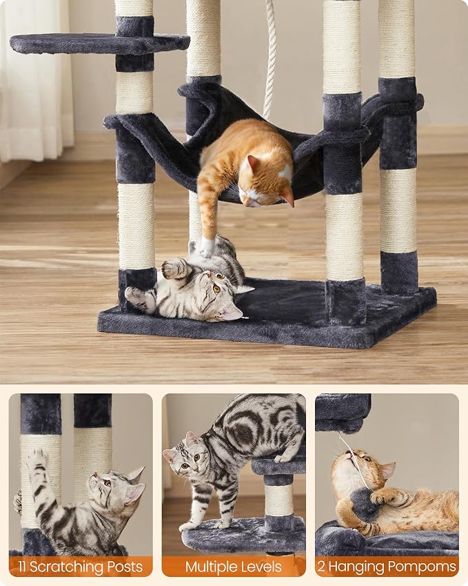 Feandrea Cat Tree, 55.8-Inch Cat Tower, Multi-Level Plush Condo with 11 Scratching Posts, 2 Perches, Hammock, Cave, Smoky Gray UPCT15GYZ