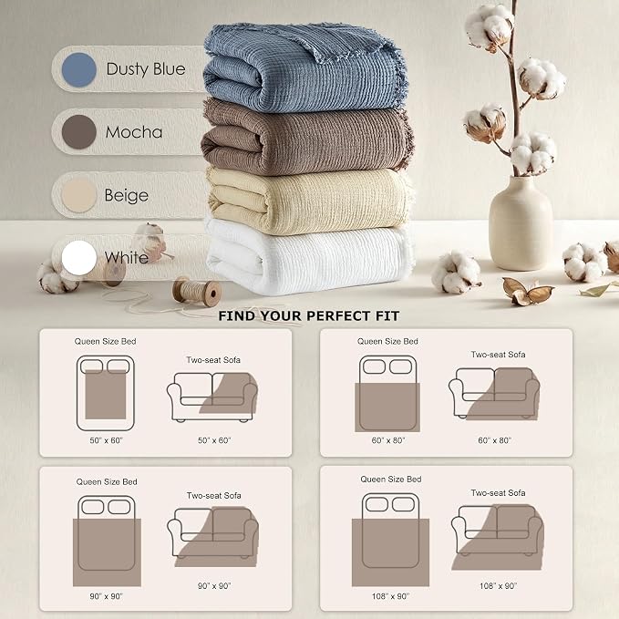 WDCOZY 100% Cotton Muslin Blanket King Size 4-Layer for Bed Breathable Lightweight Soft Large Boho Farmhouse Linen Tassels Ruffle Gauze Blankets 108x90 Inches Brown Mocha Chocolate Coffee Taupe