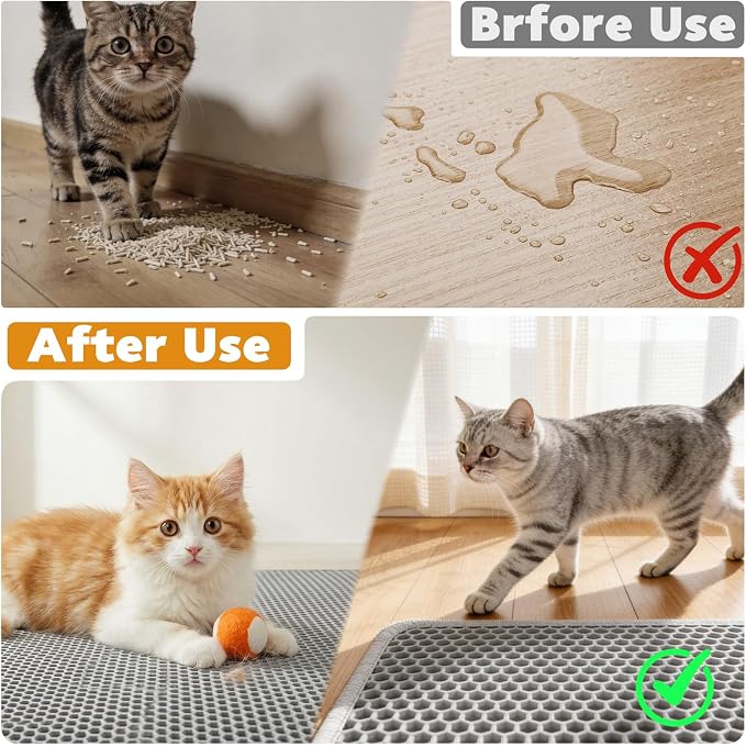 Cat Litter Mat 46"x26", Double Layer Waterproof Litterbox Mat, Gray | Non-slip backing, washable for easy cleanup, traps stray litter with waterproof honeycomb large grid that is urine-proof.