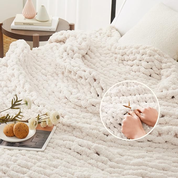L'AGRATY Chunky Knit Throw Blanket for Couch, 80'' x 90'' Knit Throw, Ivory | Handmade Chenille Crochet Blanket for Sofa Bed, Thick Cable Knitted Blankets for Room Home Decor, Birthday Gift for Women Mom